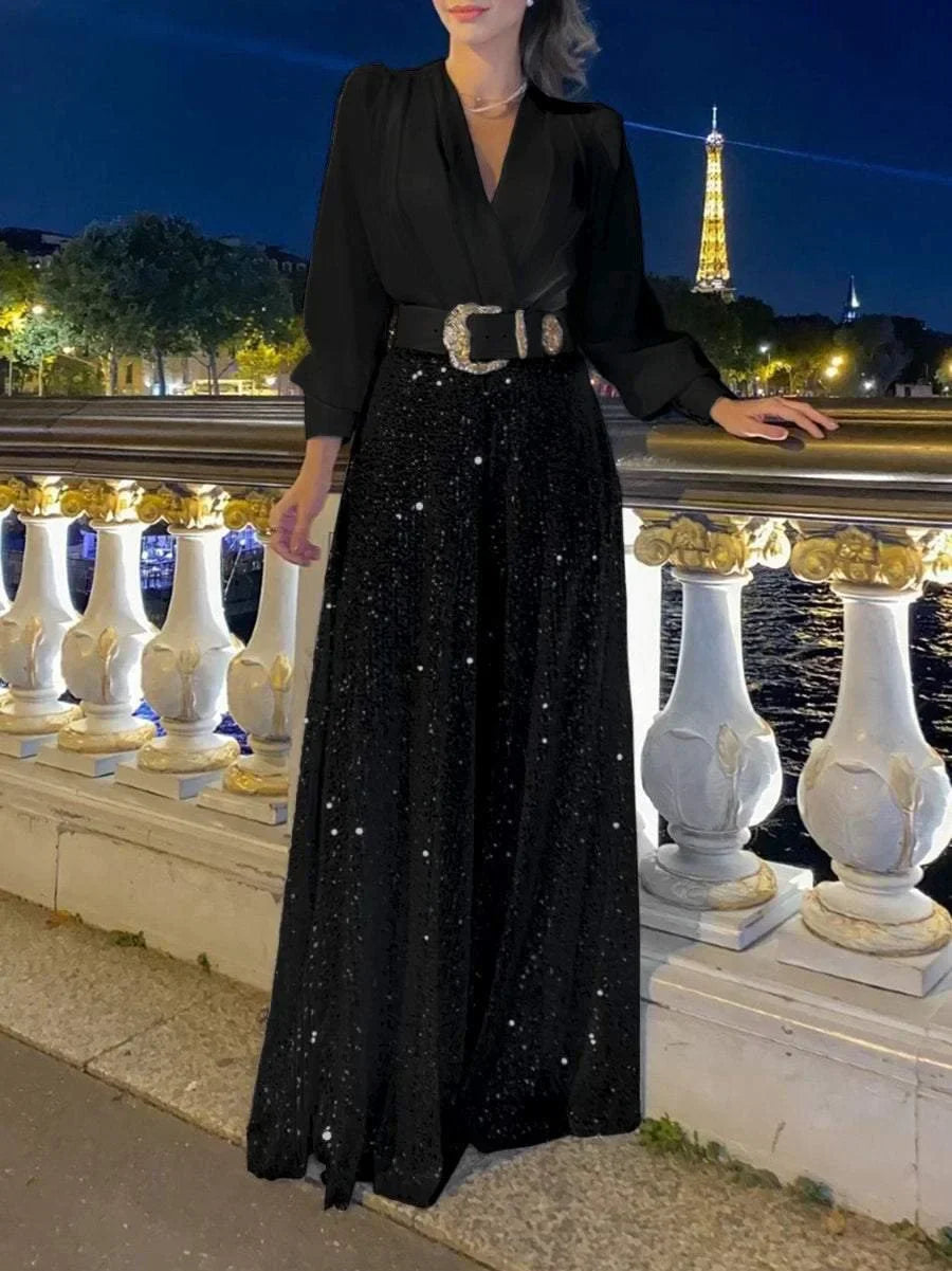 šā”Elegant long-sleeved blouse with V-neckline and wide sequinned jumpsuit trousers