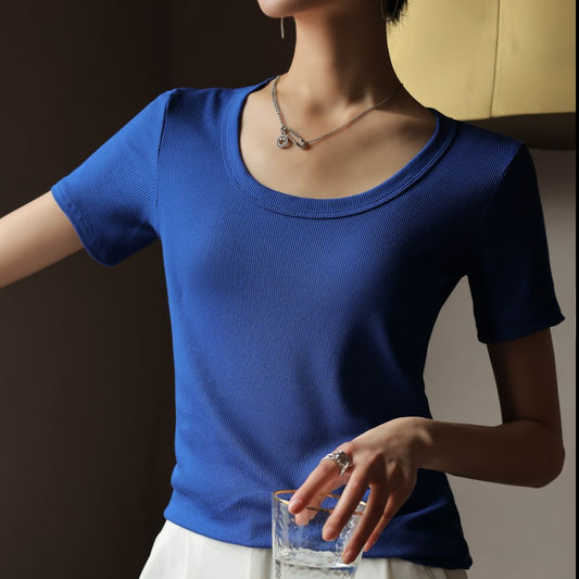 Solid color basic U-neck slim fit all-match ribbed cotton top