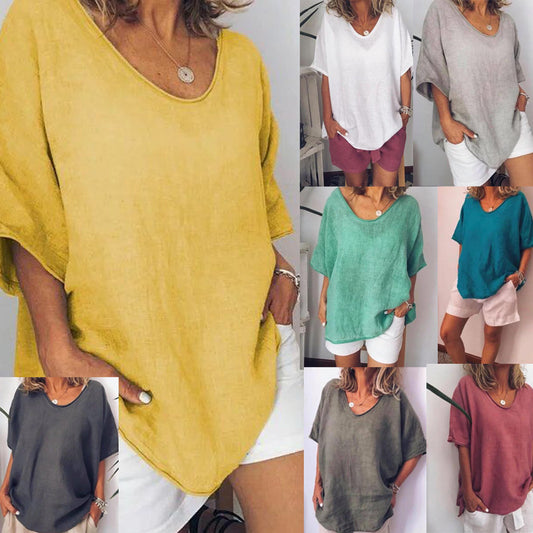 Solid color V-neck short-sleeved plus size women's T-shirt