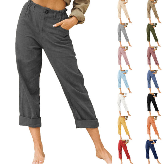 Cotton linen high waist fashion button-down straight-leg trousers