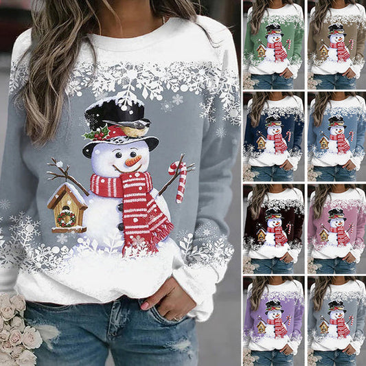 Christmas New Snowman Print Long Sleeve Casual Loose T-Shirt