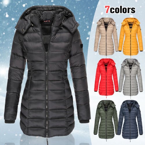 Winter women's mid-length padded jacket warm solid color hooded jacket