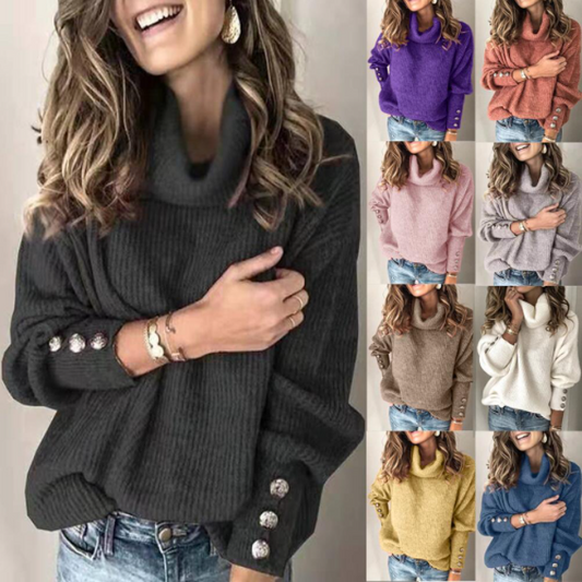 Ladies Loose Turtleneck Button Knit Sweater