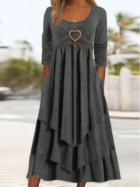 High Quality Solid Color Waisted Heart Decoration Layered Cake Hem Casual Dress