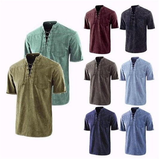 Men Gothic Retro T-Shirt Lace-up V-neck Linen Pocket Short Sleeve Tee Shirt Loose Tops