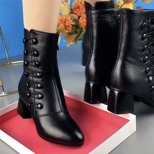 Women Warm Side Butto Leather Ankle Boots【FREE SHIPPING】