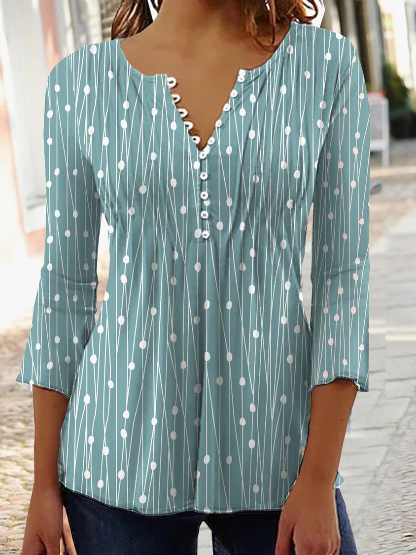 Women's Printed Button V Neck Blouses
