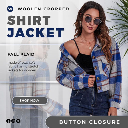 Fall Plaid Woolen Cropped Shirt Jacket