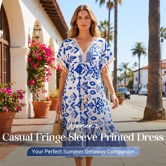 🌼Printed Casual Dress With V-Neckline and Fringes on the Short Sleeves