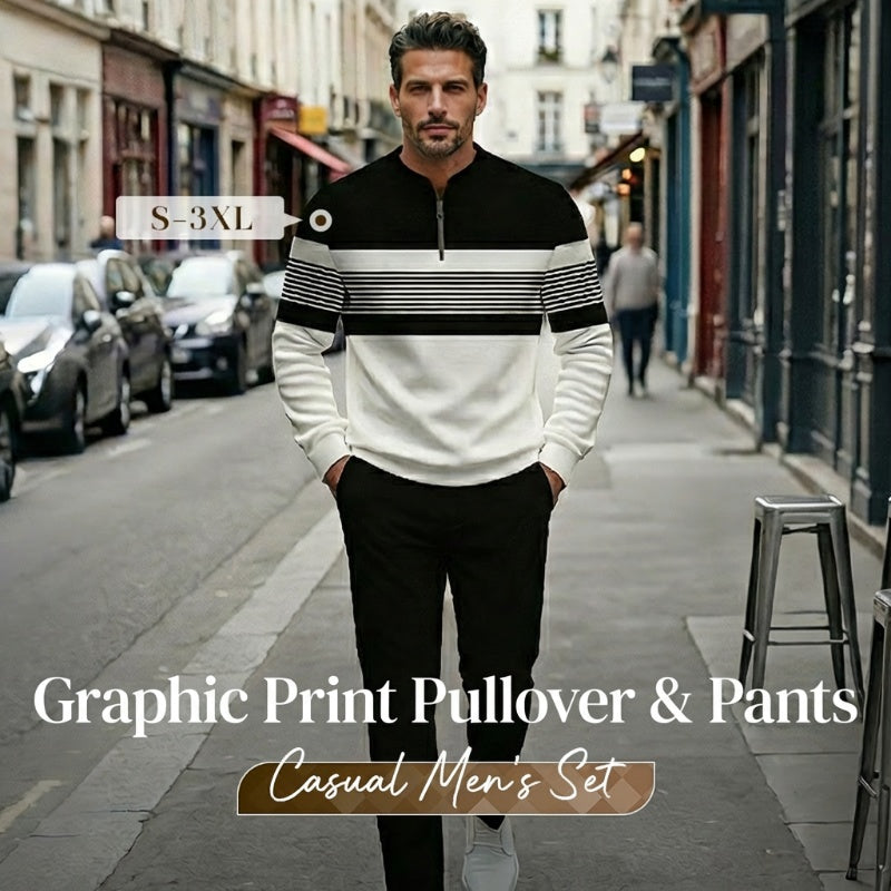 🔥FREE SHIPPING🧵 Men's Graphic Print Pullover & Pants Set – Bold streetwear style. Ultimate comfort for lounging or errands👖