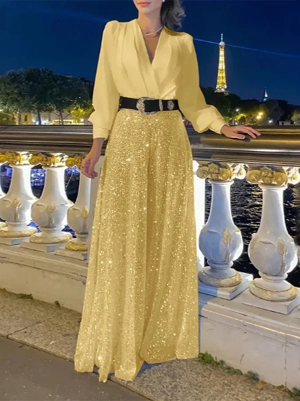 💖⚡Elegant long-sleeved blouse with V-neckline and wide sequinned jumpsuit trousers