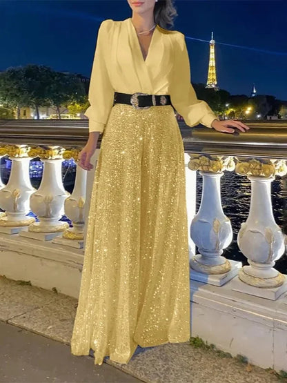 💖⚡Elegant long-sleeved blouse with V-neckline and wide sequinned jumpsuit trousers