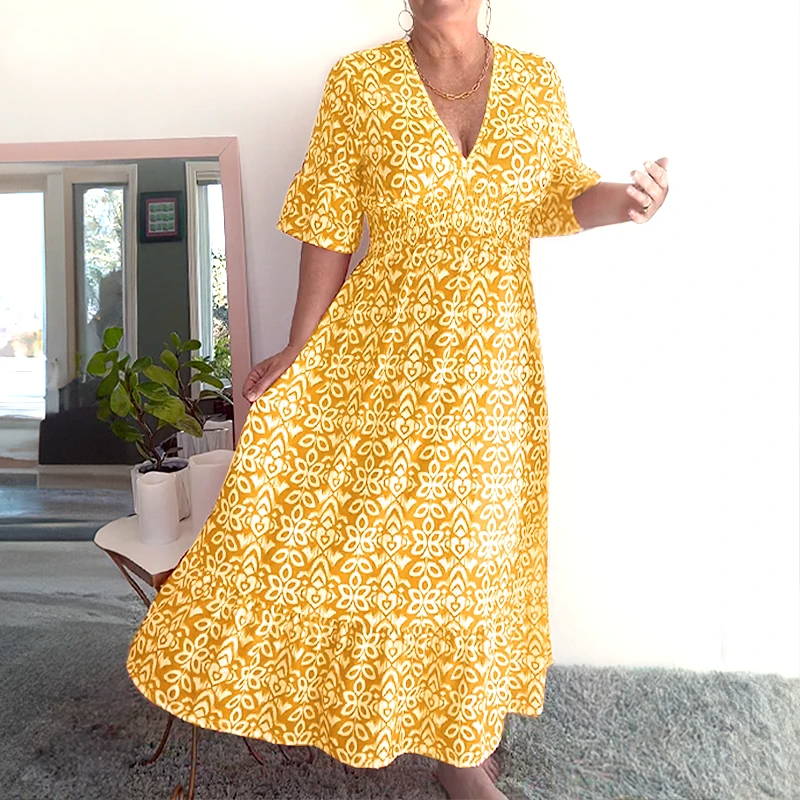 💥🔥Last Day Sale 50%🔥💐✨Bohemian casual print V-neck waist wrap long dress