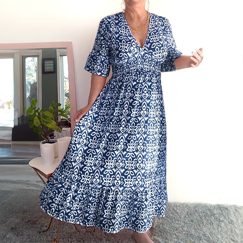 💥🔥Last Day Sale 50%🔥💐✨Bohemian casual print V-neck waist wrap long dress