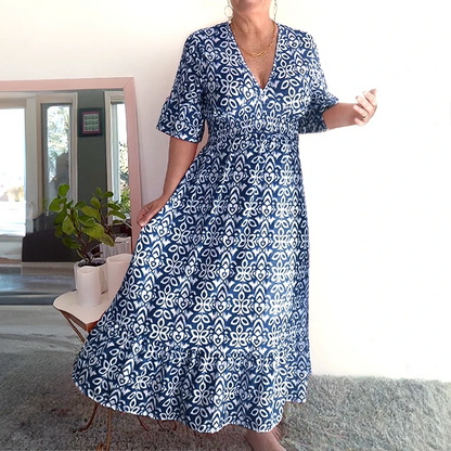 💥🔥Last Day Sale 50%🔥💐✨Bohemian casual print V-neck waist wrap long dress
