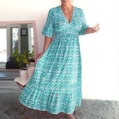 💥🔥Last Day Sale 50%🔥💐✨Bohemian casual print V-neck waist wrap long dress