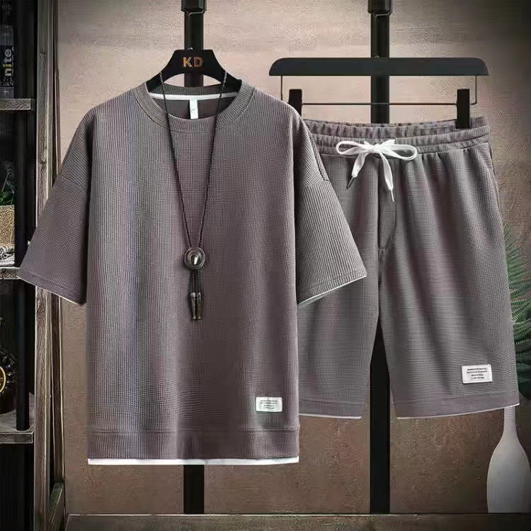 🌀 LIMITED-TIME 50% OFF! 🧺 Waffle Fabric Short Sleeve 2-Piece Set – Breathable, Loose Fit & Side Pockets 👕