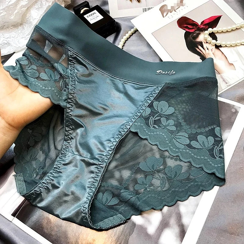 Women's high-end satin light luxury lace breathable mesh cotton briefs