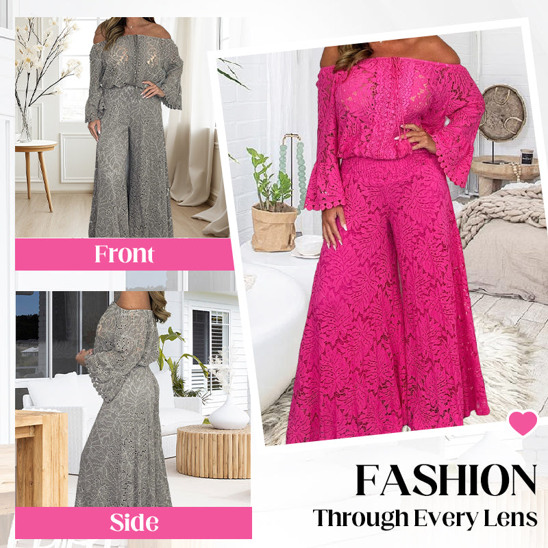 💖Women's 2-Piece Set: Lace Top + Wide-Leg Trousers