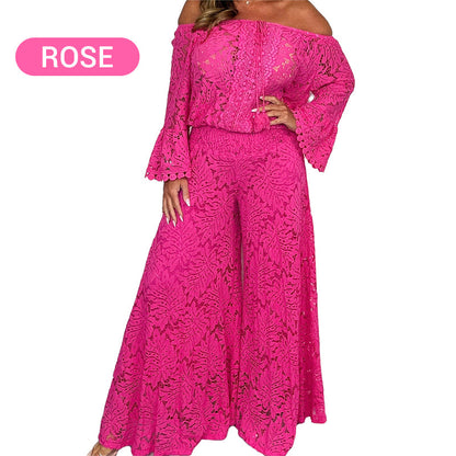 💖Women's 2-Piece Set: Lace Top + Wide-Leg Trousers