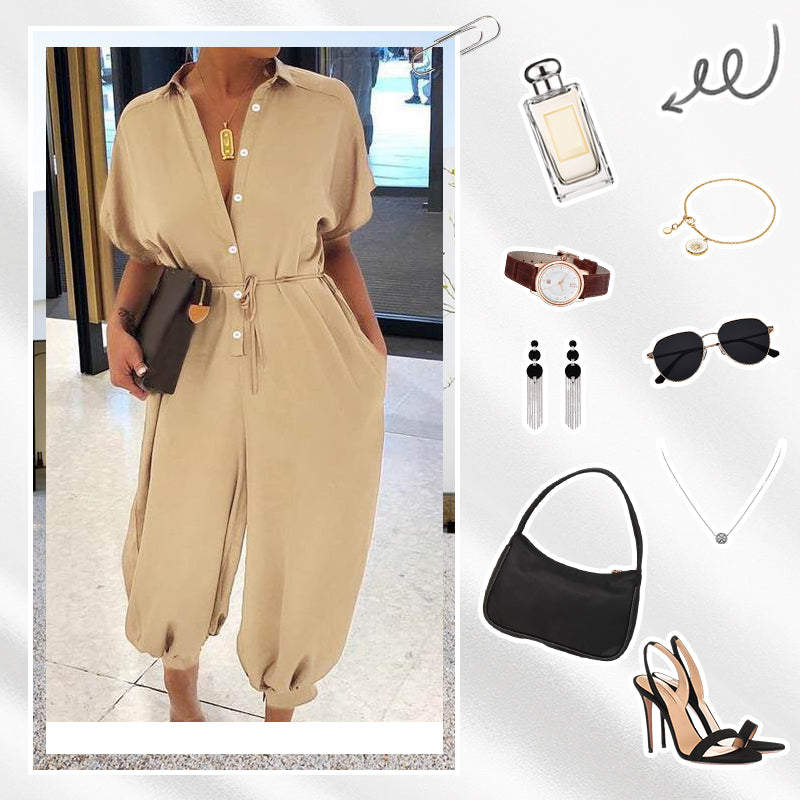 💖LAST DAY SALE 50% OFF💖Women's Casual Loose Short Sleeve Button Up Jumpsuit