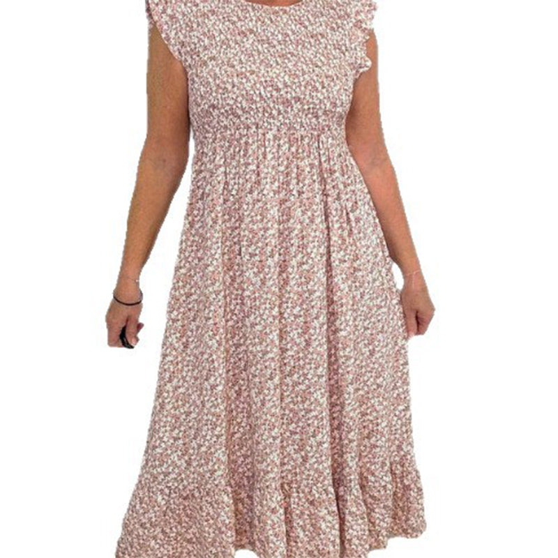 🌸Women's Elegant Floral Print High-Waisted Ruffle Cap Sleeve Dress💃