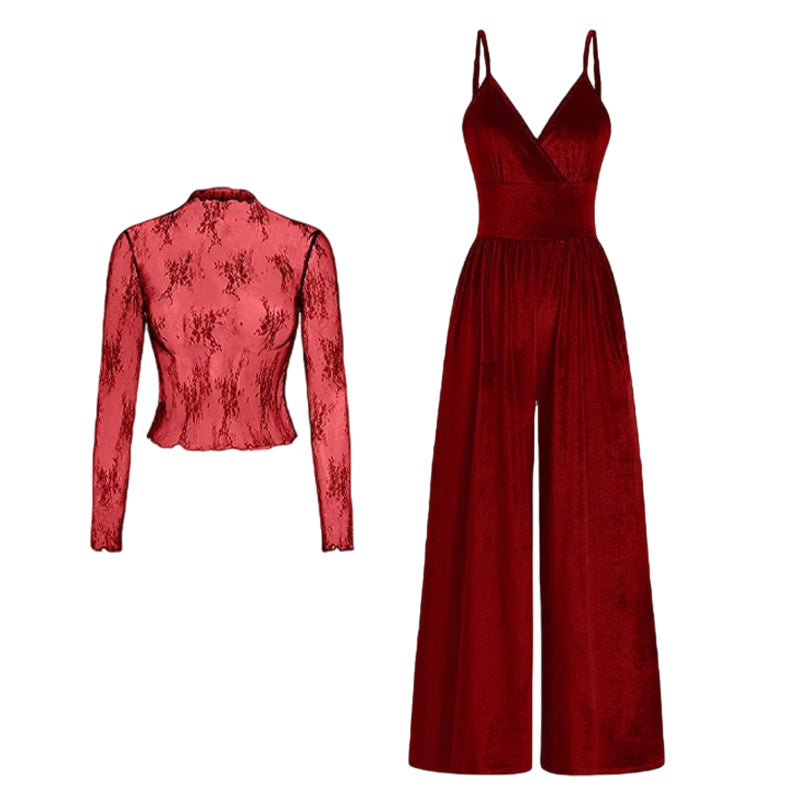 2-Piece Velvet Jumpsuit & Lace Top Set