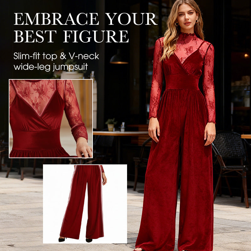 2-Piece Velvet Jumpsuit & Lace Top Set