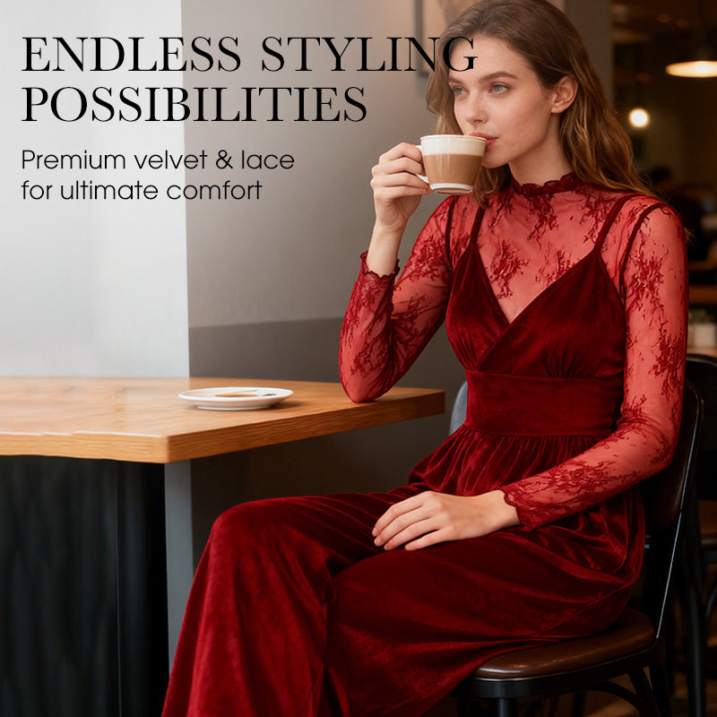 2-Piece Velvet Jumpsuit & Lace Top Set