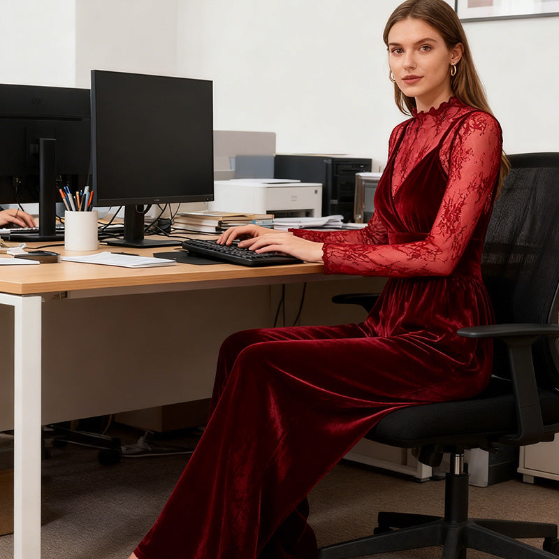 2-Piece Velvet Jumpsuit & Lace Top Set