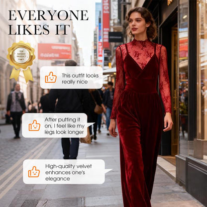 2-Piece Velvet Jumpsuit & Lace Top Set