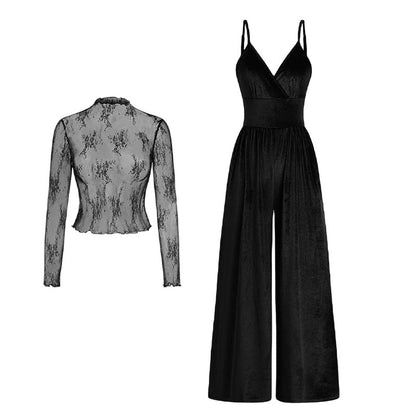 2-Piece Velvet Jumpsuit & Lace Top Set