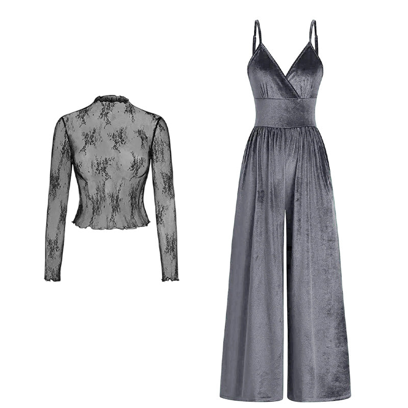 2-Piece Velvet Jumpsuit & Lace Top Set