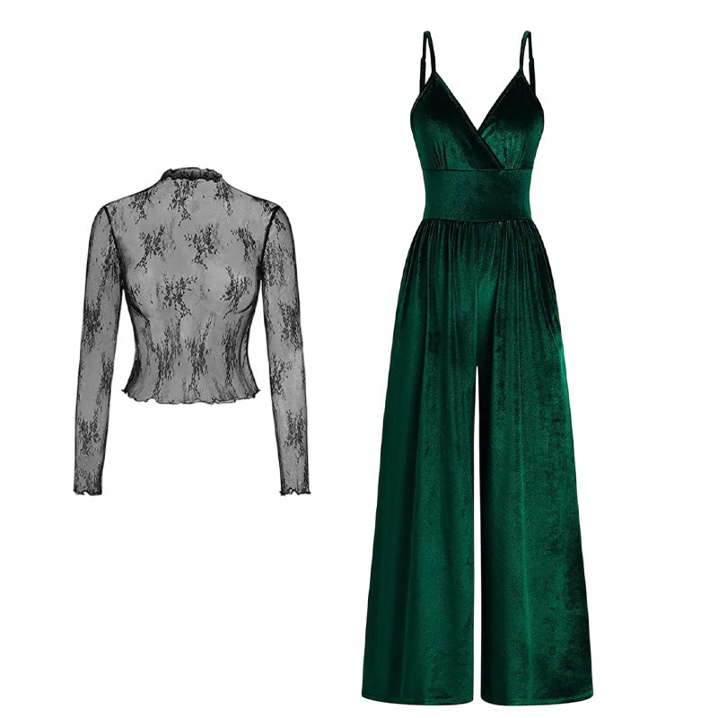 2-Piece Velvet Jumpsuit & Lace Top Set