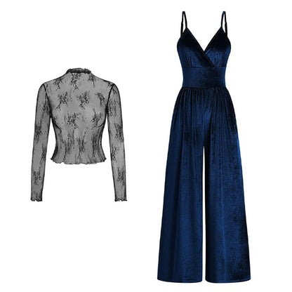 2-Piece Velvet Jumpsuit & Lace Top Set