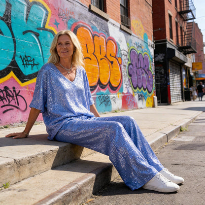 Women's leisure suit with V-neck and sequins