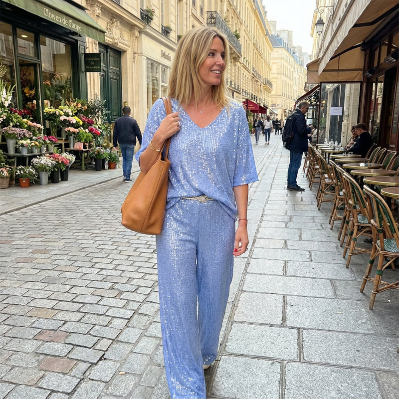 Women's leisure suit with V-neck and sequins