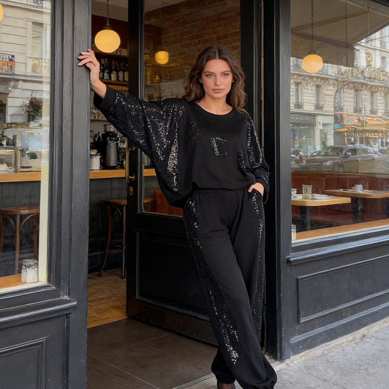 Elegant Round Neck Sequin Casual Set