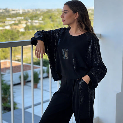 Elegant Round Neck Sequin Casual Set