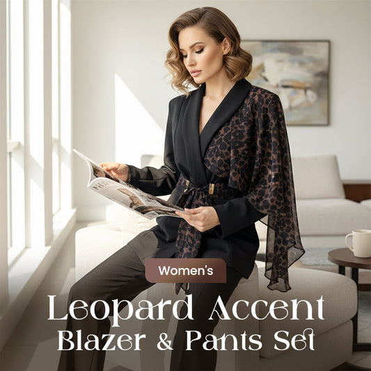 Women's Leopard Accent Blazer & Pants Set【FREE SHIPPING】