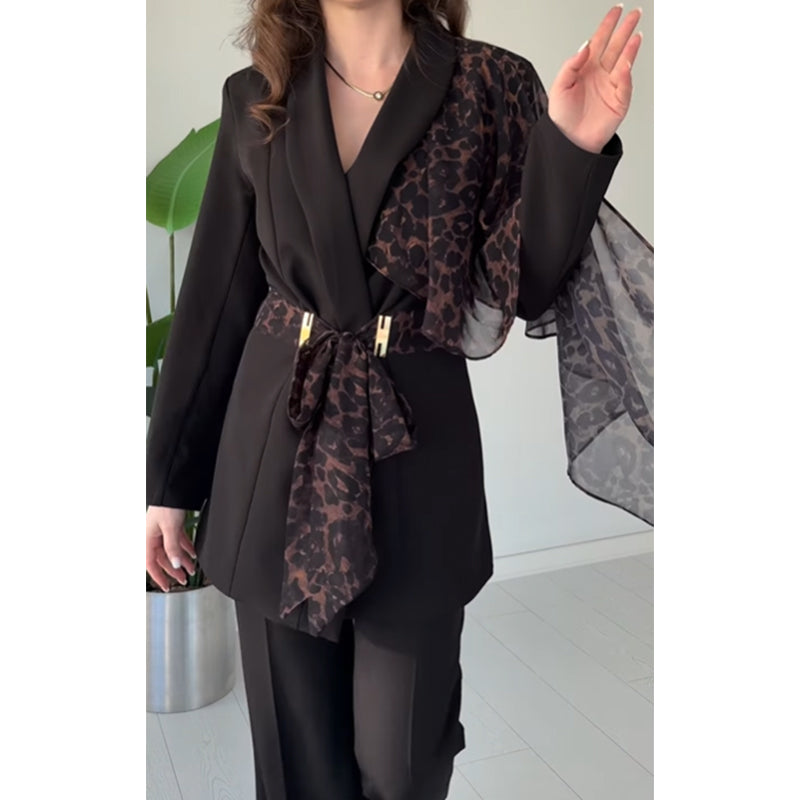 Women's Leopard Accent Blazer & Pants Set【FREE SHIPPING】