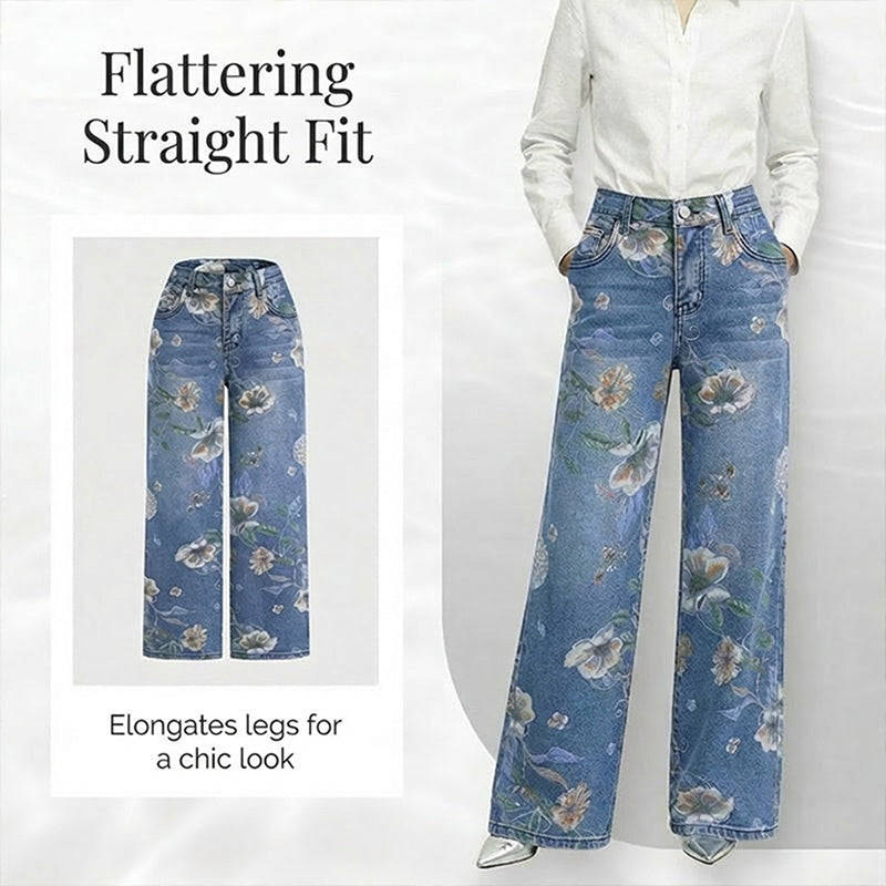 Women's Floral Print Straight-Leg Jeans【BUY 2 GET FREE SHIPPING】