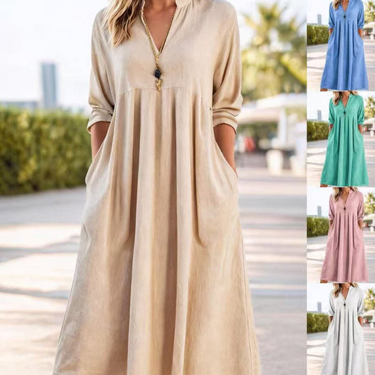 💎 50% OFF! 💎 Loose-Fit Printed Short Sleeve Dress with Pockets – V-Neck, Cotton-Linen Blend & Perfect for Summer Days 🌞👗