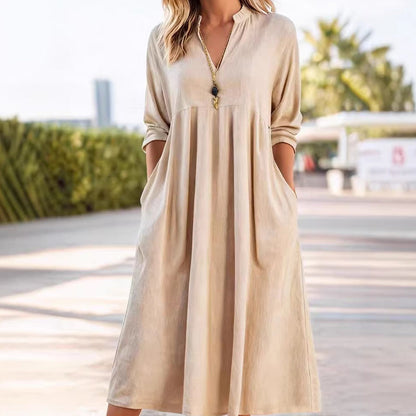 💎 50% OFF! 💎 Loose-Fit Printed Short Sleeve Dress with Pockets – V-Neck, Cotton-Linen Blend & Perfect for Summer Days 🌞👗