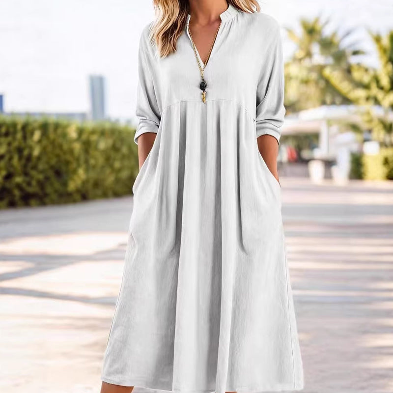 💎 50% OFF! 💎 Loose-Fit Printed Short Sleeve Dress with Pockets – V-Neck, Cotton-Linen Blend & Perfect for Summer Days 🌞👗
