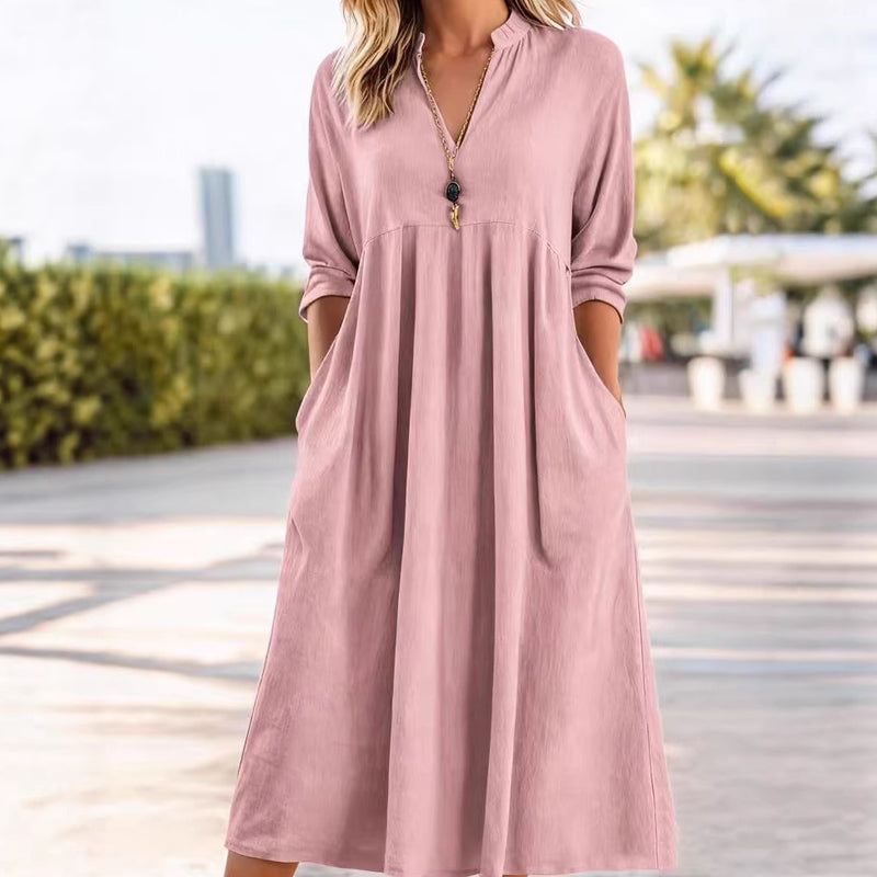 💎 50% OFF! 💎 Loose-Fit Printed Short Sleeve Dress with Pockets – V-Neck, Cotton-Linen Blend & Perfect for Summer Days 🌞👗