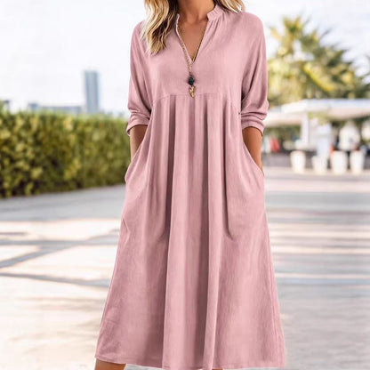 💎 50% OFF! 💎 Loose-Fit Printed Short Sleeve Dress with Pockets – V-Neck, Cotton-Linen Blend & Perfect for Summer Days 🌞👗