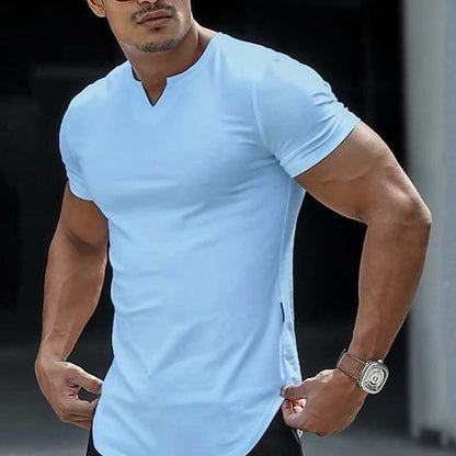 💎 50% OFF NOW! ⚡ Men's Casual Solid Athletic T-Shirt – Slim Fit, Notched V-Neck & Premium Stretch Fabric 👕🔥