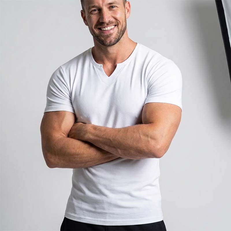 💎 50% OFF NOW! ⚡ Men's Casual Solid Athletic T-Shirt – Slim Fit, Notched V-Neck & Premium Stretch Fabric 👕🔥
