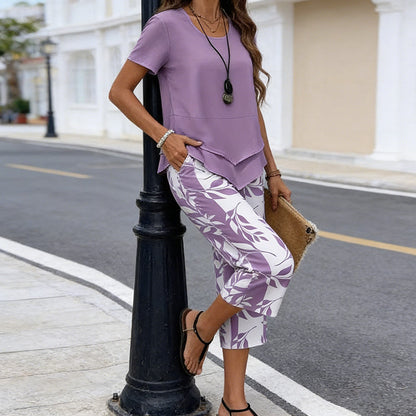 👗 50% OFF NOW! 🌿 Casual Round Neck Layered Tunic Top & Wide Leg Pants Set – Asymmetrical Hem, Printed Pants & Breathable ✨